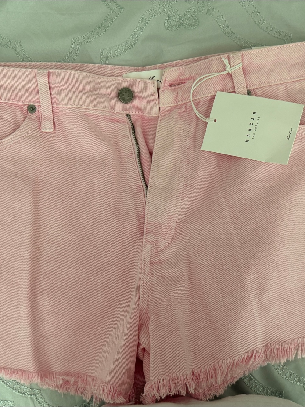 KanCan Soft Pink Frayed Hem Denim Shorts